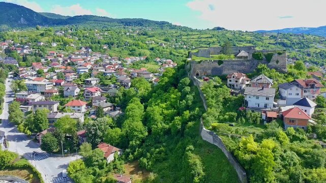 Aerial Drone View of Jajce Fortress Overlooking Historic Town, Bosnia and Herzegovina