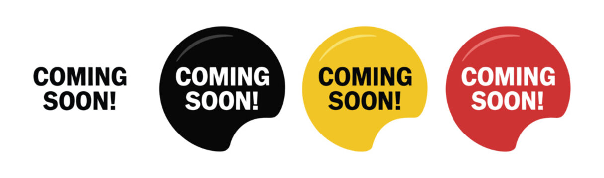 Coming soon sticker badge, round promotional label with paper banner, offer tag and new product release symbol for marketing campaigns.