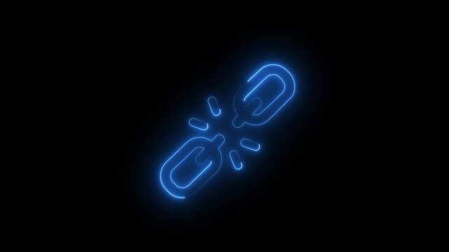 Glowing Neon Broken Link Icon Animation Isolated on Black Background, Unlink Symbol Motion Graphics 4K