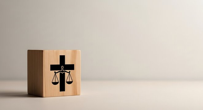 Wooden block with cross and law scales.