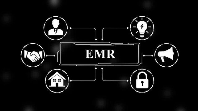 Electronic medical records emr system interface concept featuring animated digital infographic for healthcare data management, patient privacy, clinical workflow, and modern hospital technology