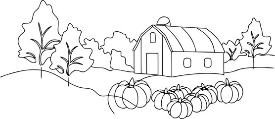 Autumn harvest scene featuring rustic barn and field of pumpkins with leafless trees drawn in continuous line art style. © kajallata