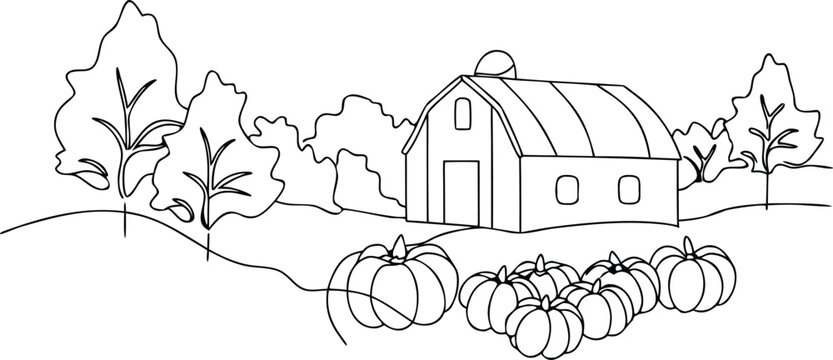 Autumn harvest scene featuring rustic barn and field of pumpkins with leafless trees drawn in continuous line art style.