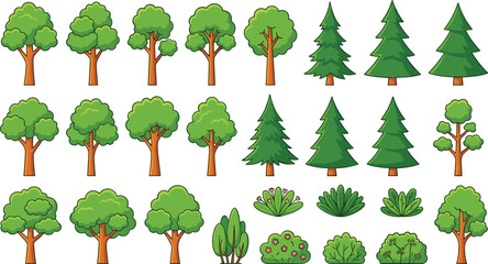 Various cartoon trees and bushes isolated on white background vector illustration © SoHel