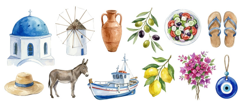 Greek travel, watercolor Mediterranean summer collection. Collection of Vector illustrations for invitation, card, poster, banner, decoration