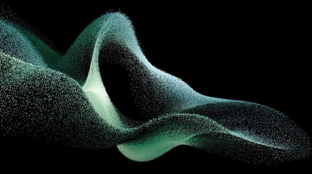 Flowing abstract particulate matter forming luminous waves against a dark backdrop