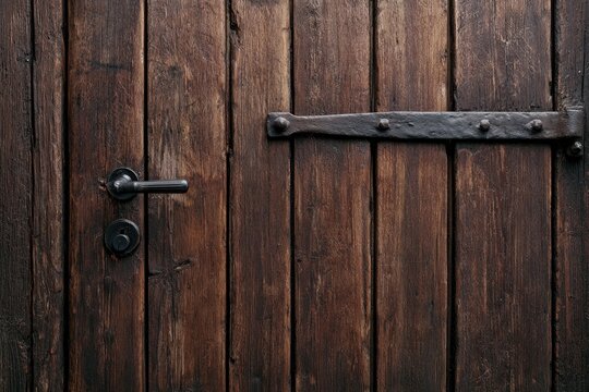 Old wooden door with weathered planks, iron hinge, and dark handle