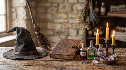 A mystical scene featuring a witch hat, an ancient spell book, lit candles, and potion bottles arranged on a rustic wooden table in a dimly lit room. © PixelMint