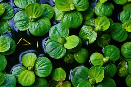 A close-up view of lush green aquatic plants floating on dark water