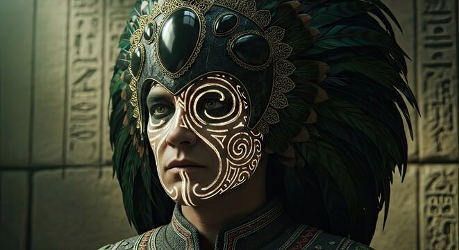 Person in traditional Aztec headdress with decorative face markings.