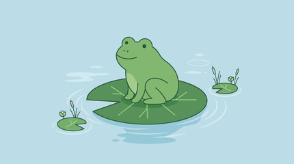 Cute cartoon frog sitting on a lily pad in a pond, minimalist illustration © Jagoan