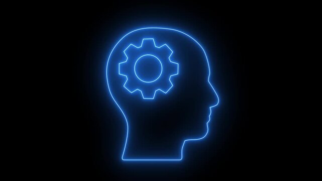 Glowing Neon Artificial Intelligence and Logical Thinking Process Animated Icon on Black Background, AI Brain Logic Motion Graphics 4K
