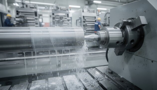 Highvolume lathe operation shaping long metal shafts continuous coolant spray and rapid shaft rotation highlight efficient mass production in modern factory environment.