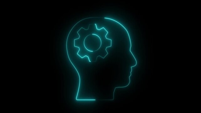 Glowing Neon Artificial Intelligence and Logical Thinking Process Animated Icon on Black Background, AI Brain Logic Motion Graphics 4K
