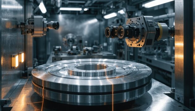 Sidemounted cameras and sensors systematically inspect machinery parts in an AIpowered quality control booth highlighting realtime defect detection and data processing.