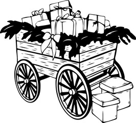 Vintage wooden cart filled with gift boxes hand drawn sketch for festive print. Vector illustration