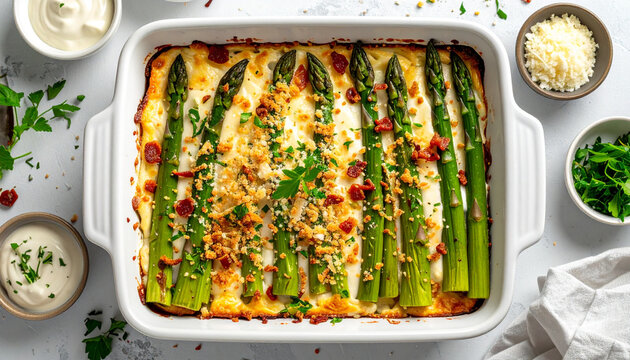 Asparagus casserole with cheese sauce and crispy onions with bacon bits, top view. AI