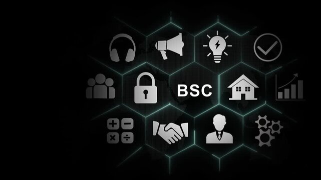 Balanced scorecard bsc business strategy concept with animated hexagonal network for corporate management, performance metrics, financial growth, strategic planning, and data visualization