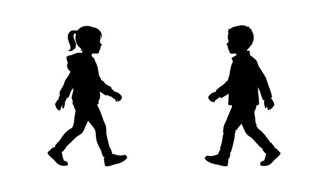 Children silhouettes representing a young boy and girl walking towards each other on a plain white background.
