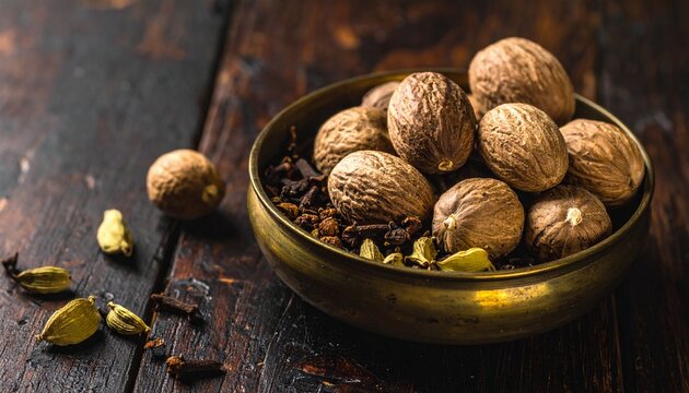 Nutmeg and Spices in Vintage Golden Bowl Rustic Table