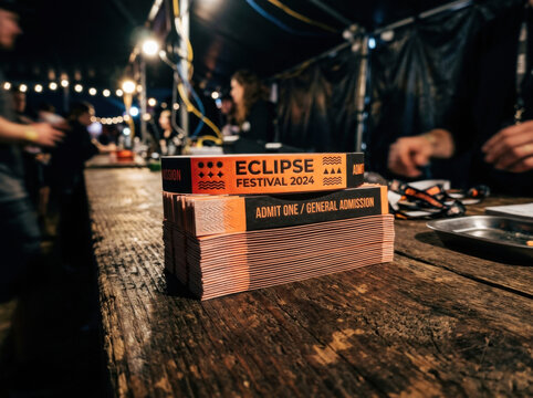 Festival Entry Tickets Stacked On Wood Table Ready For Distribution