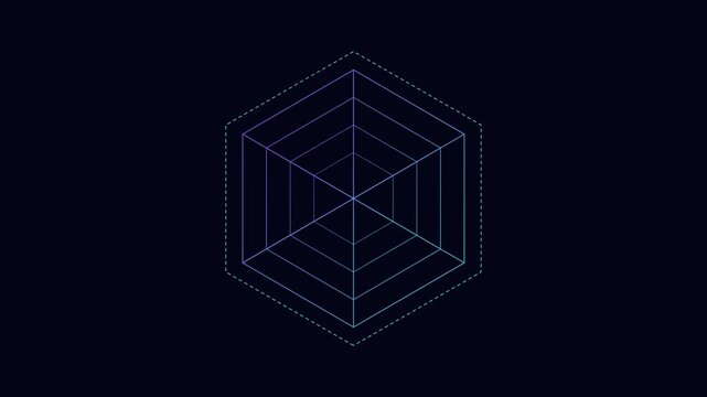 Animated radar chart data visualization with pulsing hexagon grid for business analytics and digital technology interfaces animation 4k