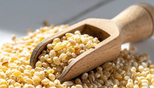 Pearl Barley with Wooden Scoop on White Surface