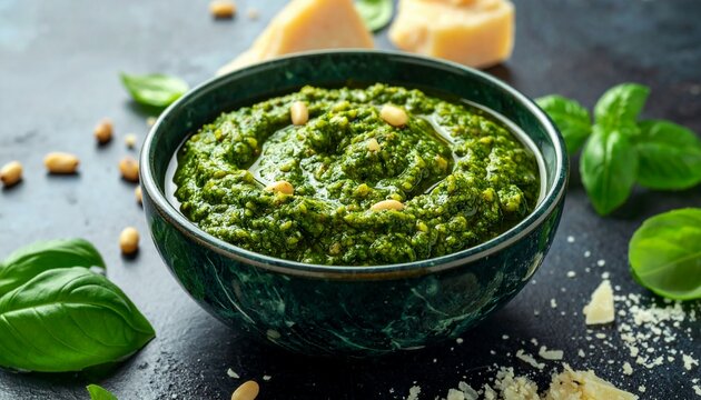 Pesto Sauce in Bowl with Basil and Parmesan Garnish