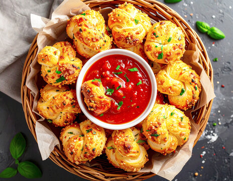 Golden brown garlic knots in a basket with sauce, top view. AI
