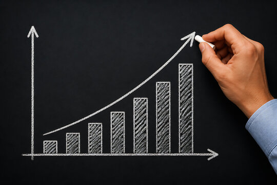 A hand is drawing an upward trending line graph with bars on a black chalkboard.