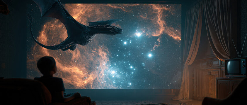 Cinematic surreal scene of a child captivated by a dragon flying through a glowing nebula on a massive screen. Perfect for imagination, entertainment, and storytelling campaigns.
