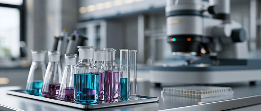Cuttingedge pharmaceutical research setting featuring vibrant blue and purple liquidfilled flasks, beakers, and test tubes beside a professional microscope. Ideal for biotech, medical, and.