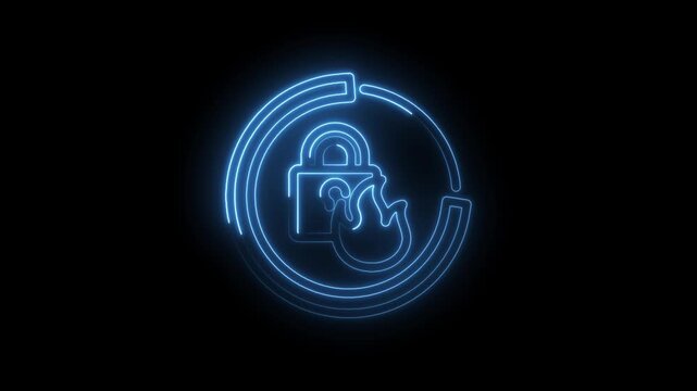 Glowing blue neon padlock icon with a fire hook symbol inside representing cybersecurity threat