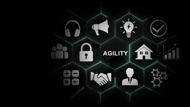 Business agility concept infographic featuring animated hexagonal network nodes with digital representing corporate strategy, growth, security, leadership, and global connectivity solutions