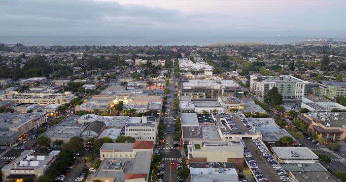 San Mateo California - Ariel View of Downtown San Mateo at Sunset / Dusk Facing East Towards the Bay 