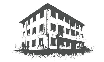 High contrast grunge silhouette of old abandoned apartment block building with ink splatter vector illustration © Nazmul