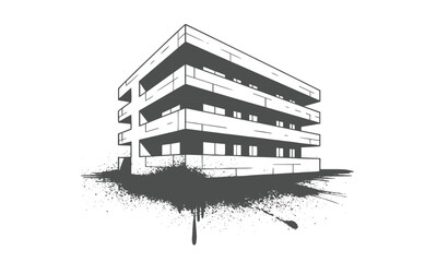 Modern geometric brutalist architecture apartment building silhouette on rough grunge ink splatter base vector illustration © Nazmul