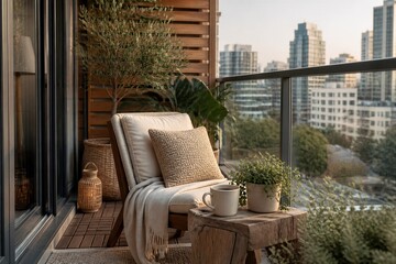 Obraz premium Cozy balcony seating with cup and plants overlooking city skyline