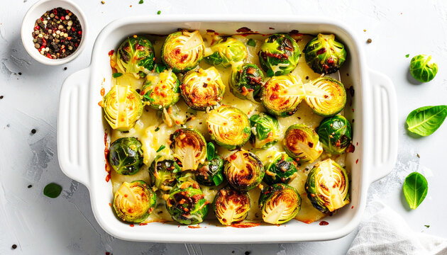 Roasted cheesy brussels sprouts, white casserole dish, top view. AI