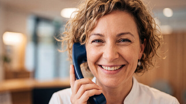 Close-up portrait of a smiling female receptionist with warm, joyful eyes in a modern office. Shallow depth of field highlights friendly expression, professionalism, and welcoming customer service.