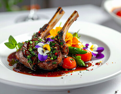 Herb crusted lamb chops with edible flowers and fresh vegetables, fine dining. AI