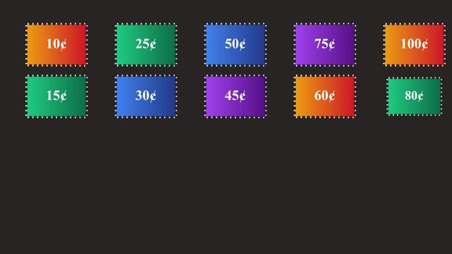 Dynamic price tag animation with changing currency values and colorful gradient rectangles 4k cents