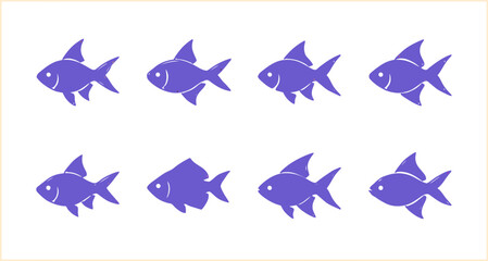 Naklejka premium Minimalist Purple Fish Silhouette Icon Set Vector for Marine Biology Education, Seafood Branding & Aquarium Website Design (EPS)