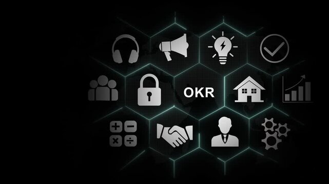 Objectives and key results okr management concept with digital hexagonal network interface featuring business for corporate strategy, performance tracking, goal setting, and growth planning
