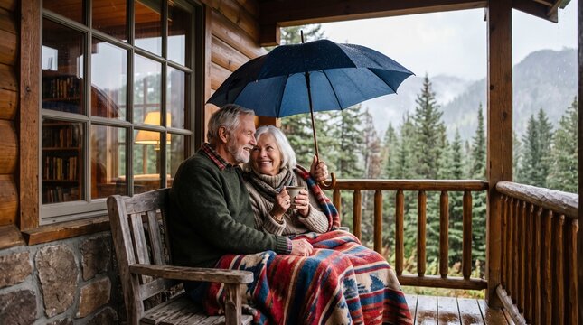 Elderly couple sharing an umbrella on a rainy day on a cabin porch