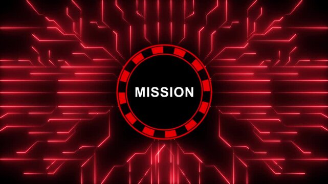 Dynamic red glowing digital circuit board background, featuring a central, circular emblem with, the word mission, in bold white, typography for corporate, strategy, business goals, and futuristic 