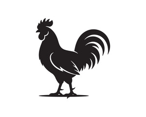 Black rooster standing on white background. Bold silhouette of a cockerel isolated for branding and farm designs. © FI Visual 