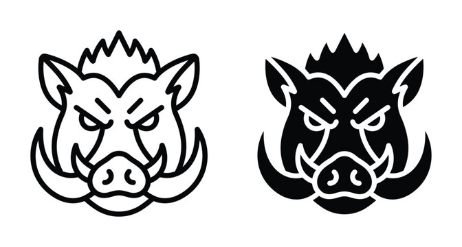 Wild boar head icon set featuring angry hog with tusks in outline and solid black silhouette styles for sports mascot logo design