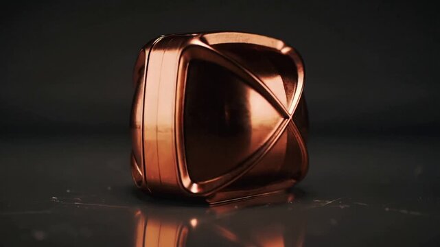 Tilting copper geometric fidget rolling, settling on glossy black tabletop as studio lights sweep