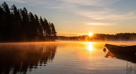 Obraz premium Beautiful golden sunset over misty pine forest lake.